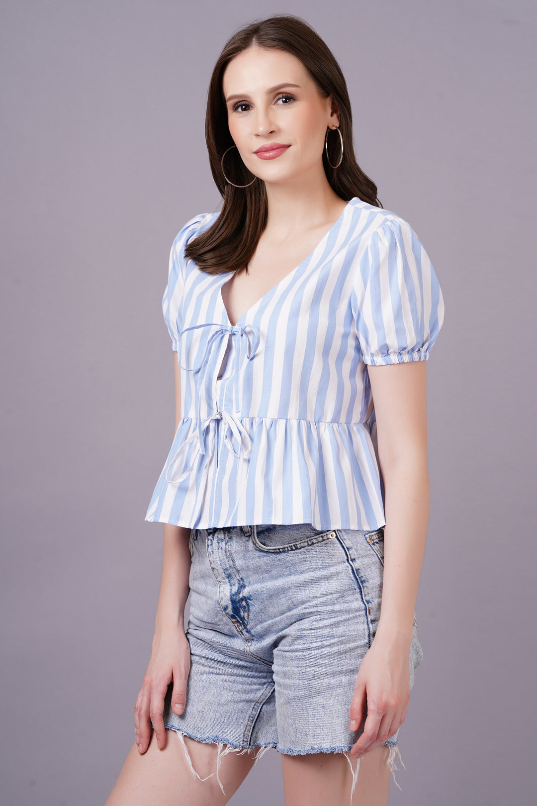 MINGLAY  Woman Blue Poly Cotton Stripe Half Sleeve V Neck A-line Blouse