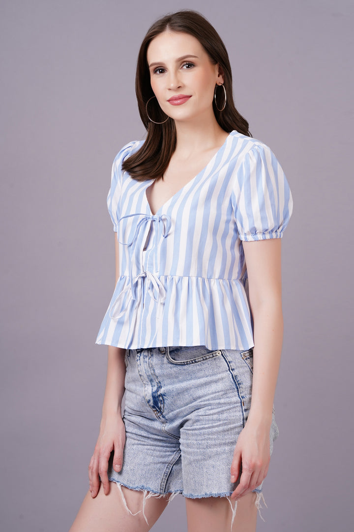 MINGLAY  Woman Blue Poly Cotton Stripe Half Sleeve V Neck A-line Blouse