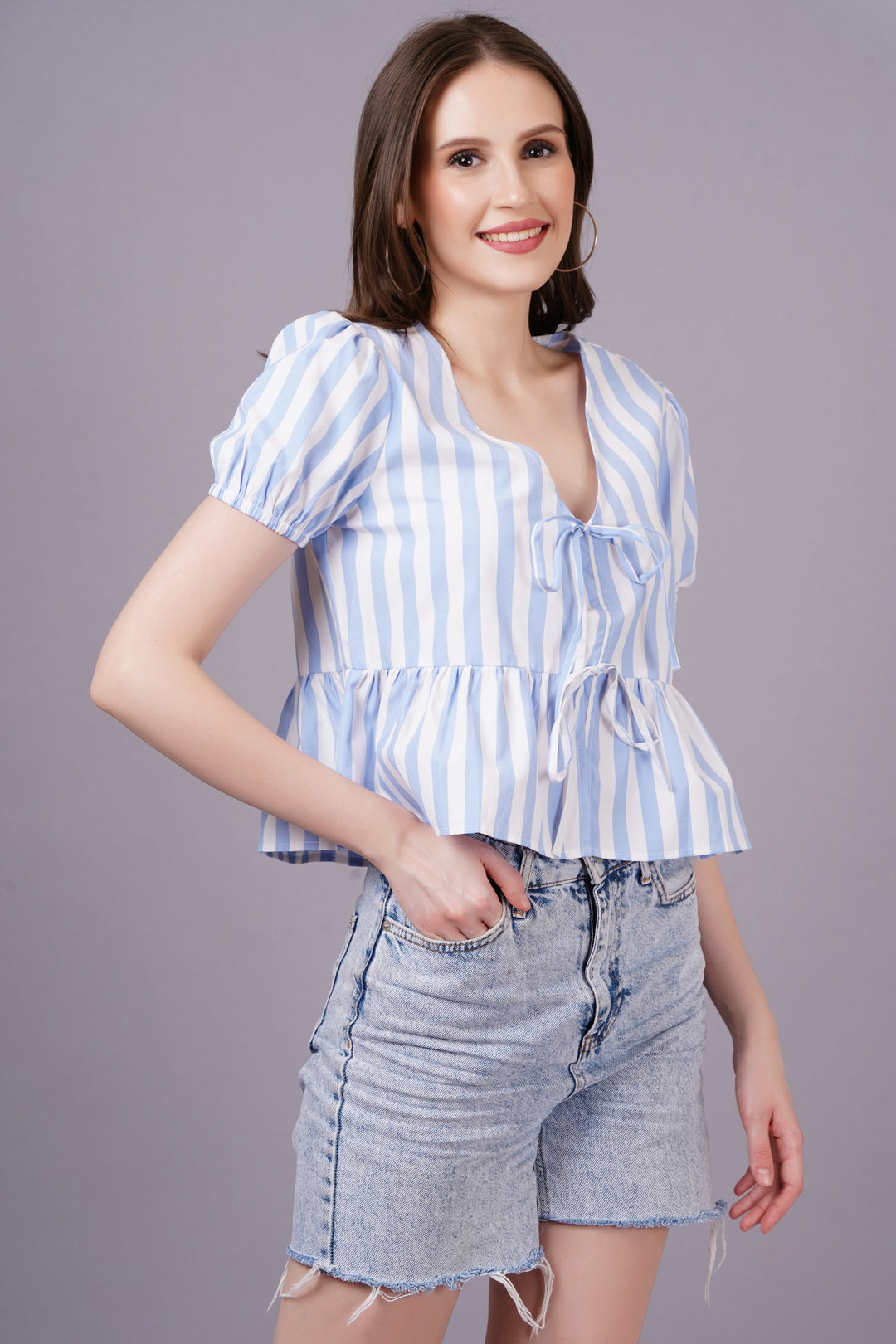 MINGLAY  Woman Blue Poly Cotton Stripe Half Sleeve V Neck A-line Blouse