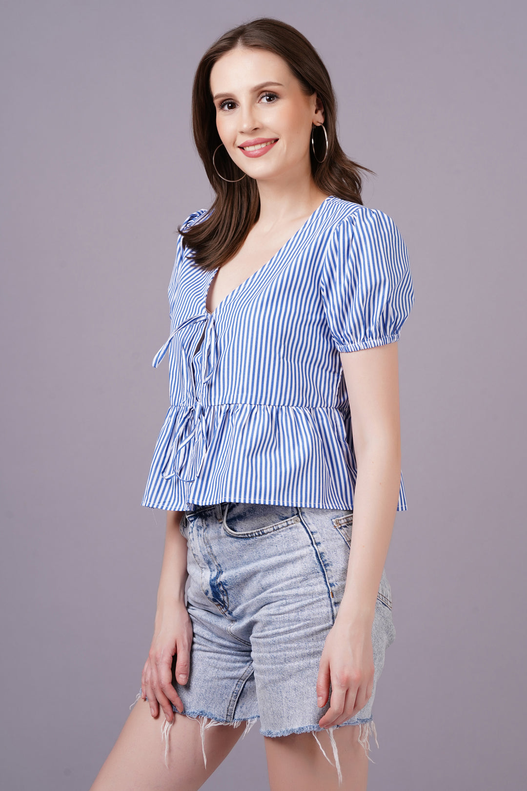 MINGLAY  Woman Blue Poly Cotton Stripe Half Sleeve V Neck A-line Blouse