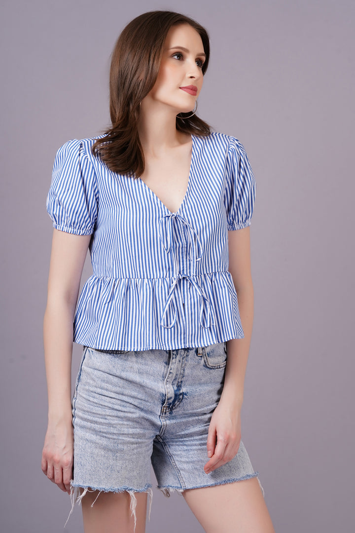 MINGLAY  Woman Blue Poly Cotton Stripe Half Sleeve V Neck A-line Blouse