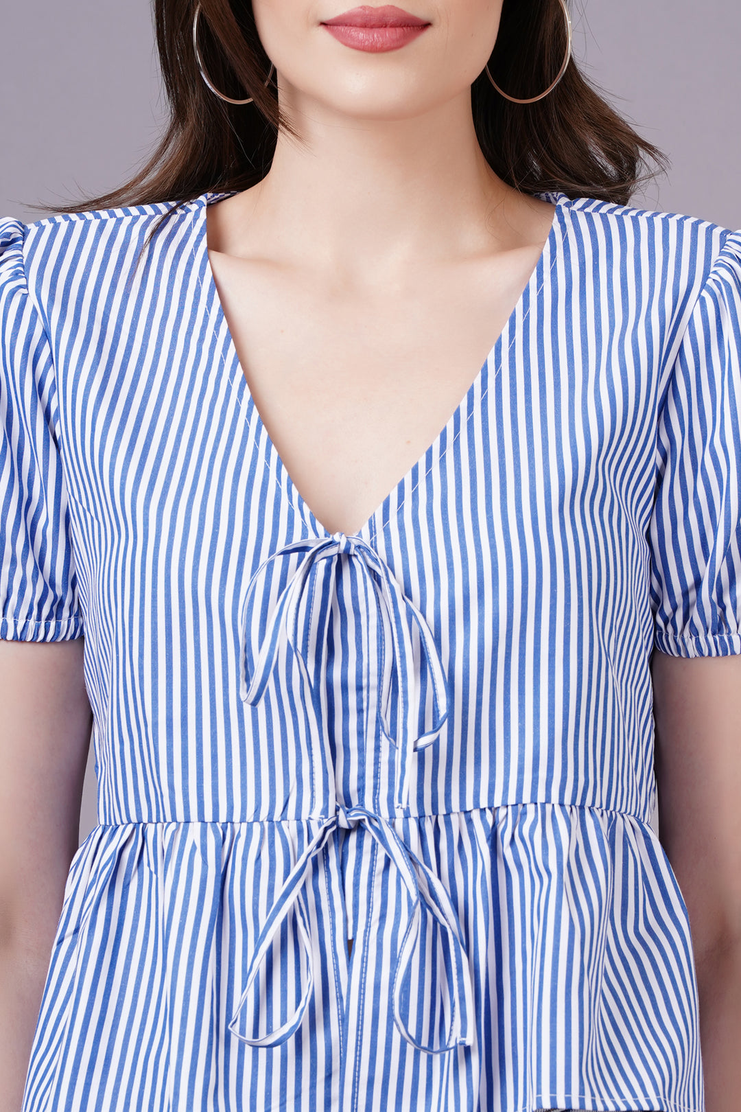 MINGLAY  Woman Blue Poly Cotton Stripe Half Sleeve V Neck A-line Blouse