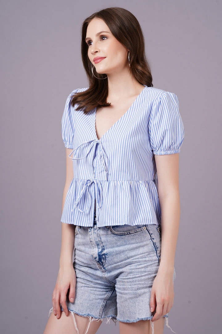 MINGLAY  Woman Blue Poly Cotton Stripe Half Sleeve V Neck A-line Blouse