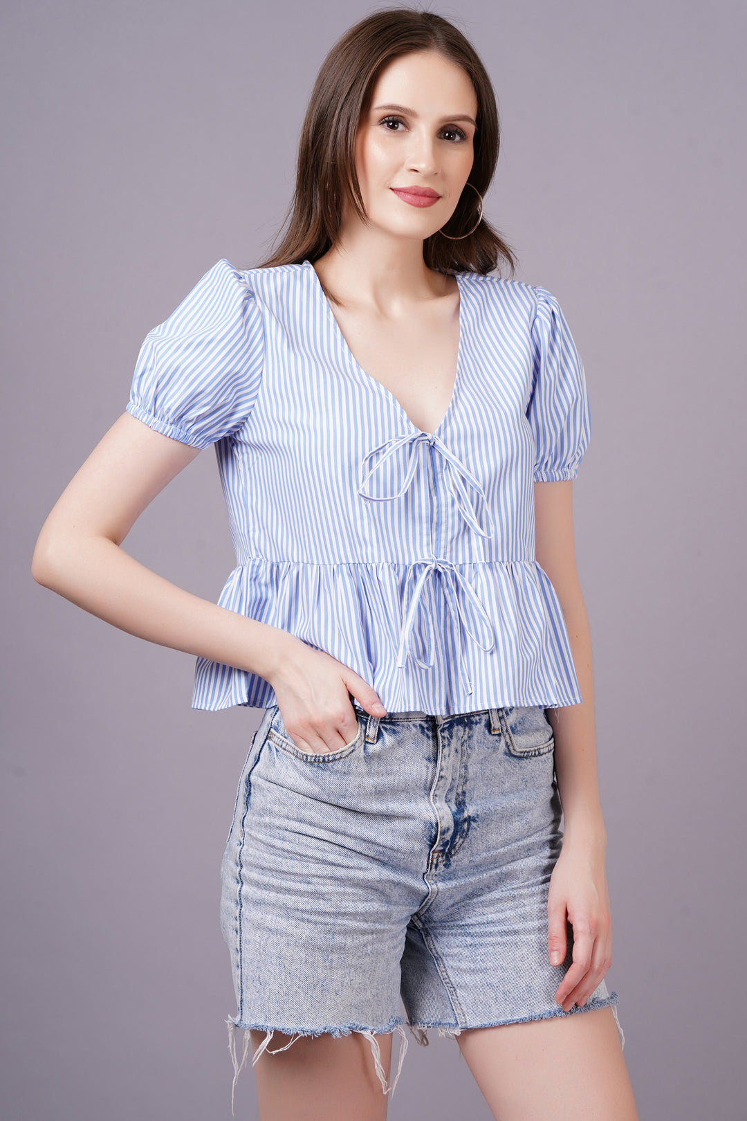 MINGLAY  Woman Blue Poly Cotton Stripe Half Sleeve V Neck A-line Blouse