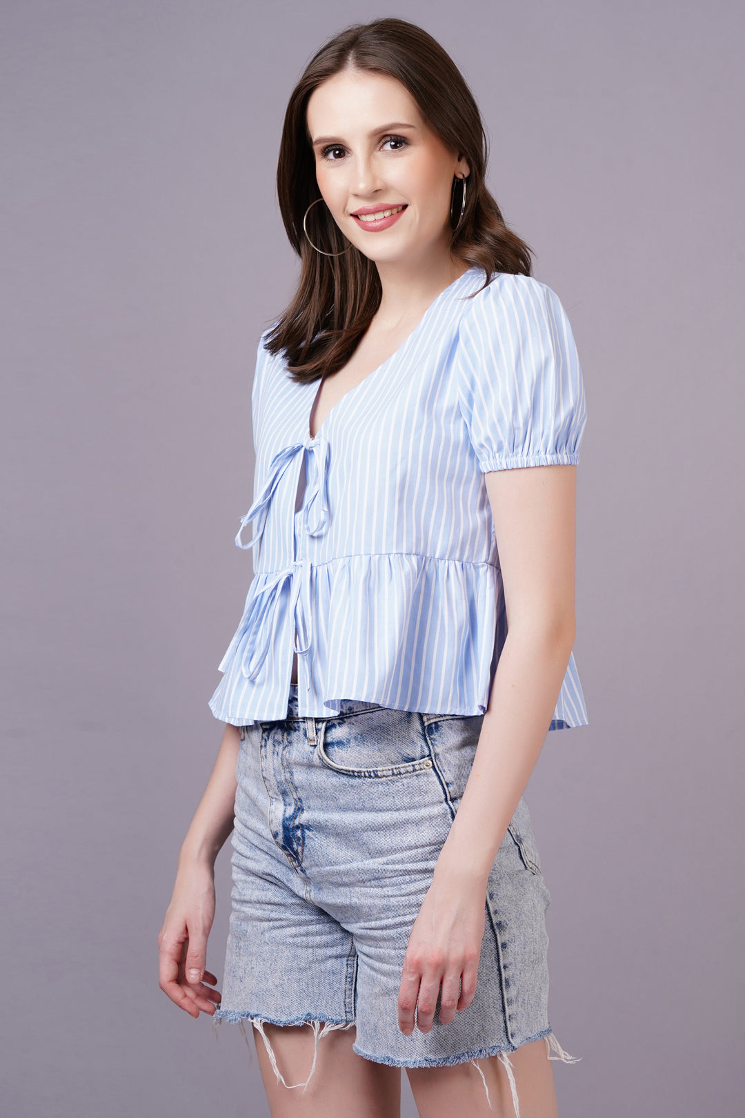 MINGLAY  Woman Blue Poly Cotton Stripe Half Sleeve V Neck A-line Blouse