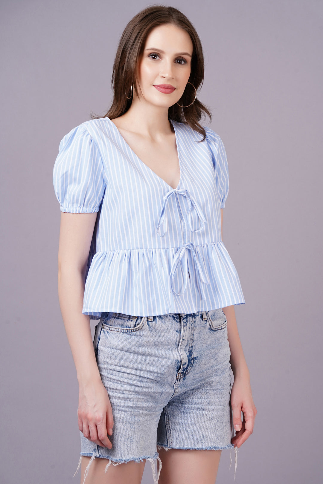 MINGLAY  Woman Blue Poly Cotton Stripe Half Sleeve V Neck A-line Blouse