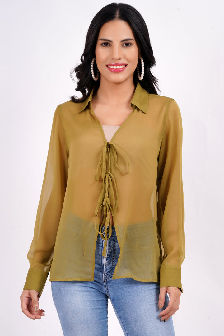 MINGLAY Women Olive Polyester Plain Full Sleeve  Collared A-Line Blouse