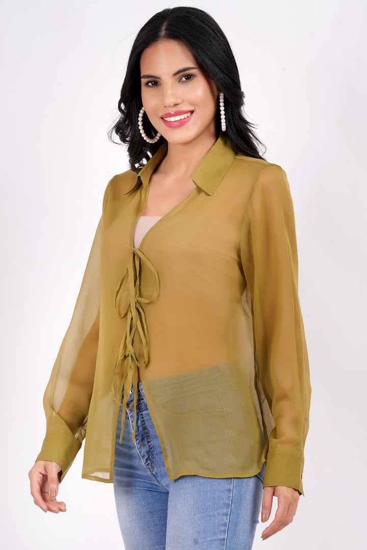 MINGLAY Women Olive Polyester Plain Full Sleeve  Collared A-Line Blouse