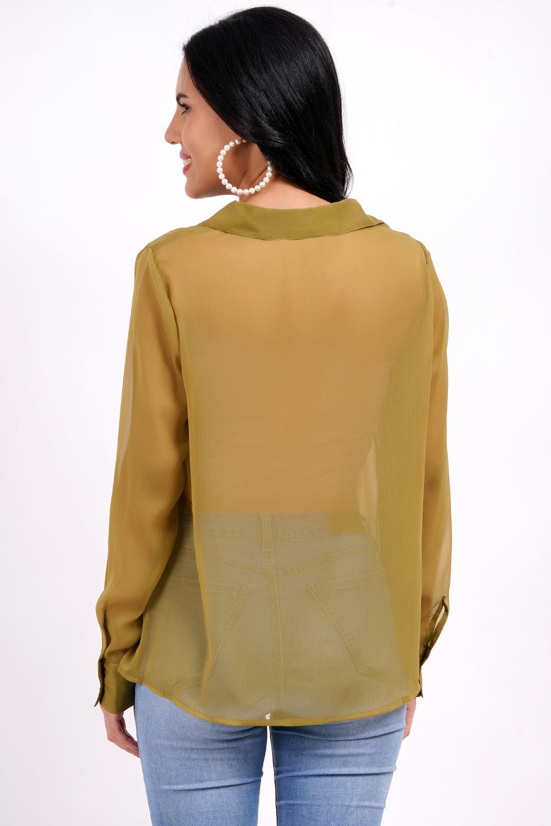 MINGLAY Women Olive Polyester Plain Full Sleeve  Collared A-Line Blouse