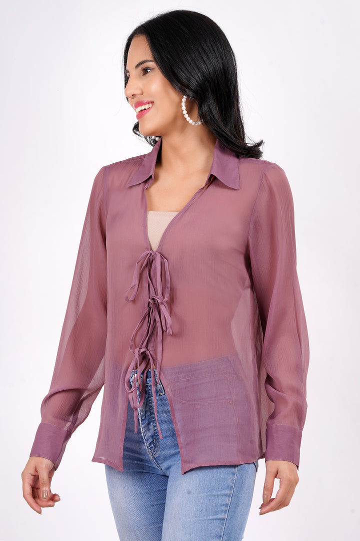 MINGLAY Women Purple Polyester Plain Full Sleeve  Collared A-Line Blouse