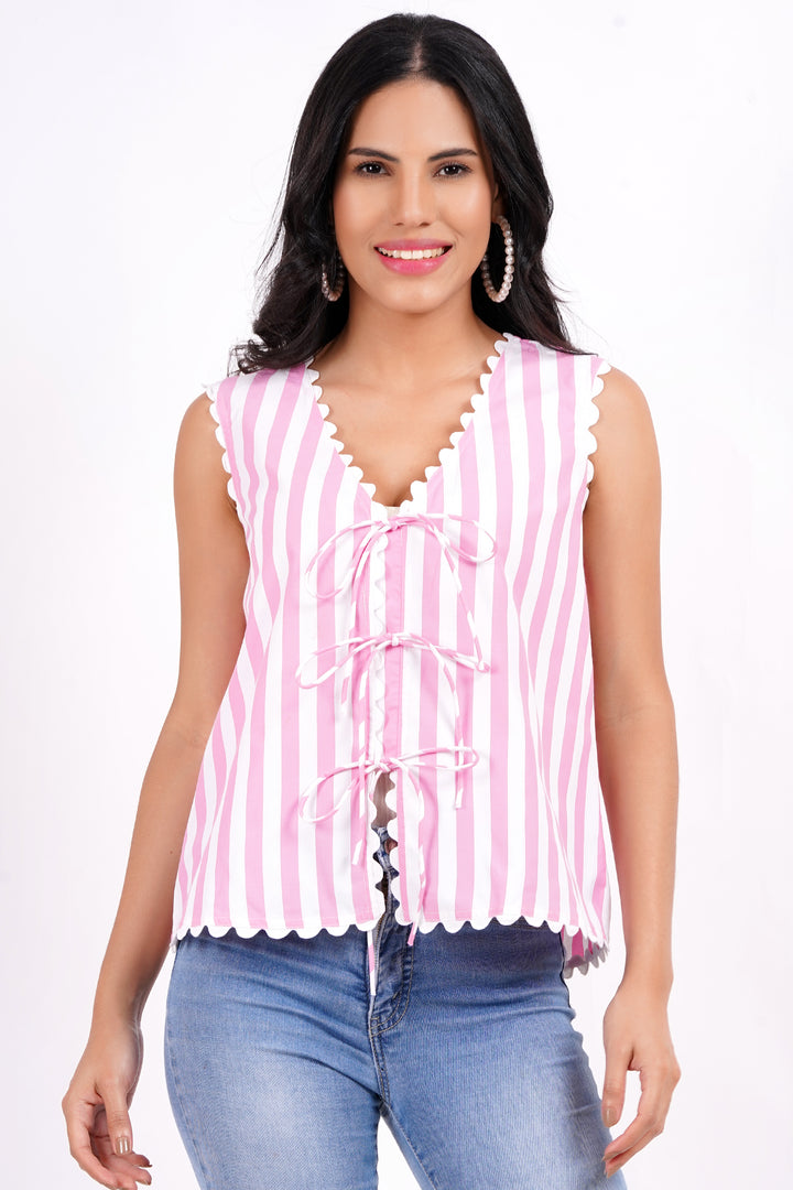 MINGLAY Women Pink Polycotton Stripe Sleeveless V Neck A-Line Blouse