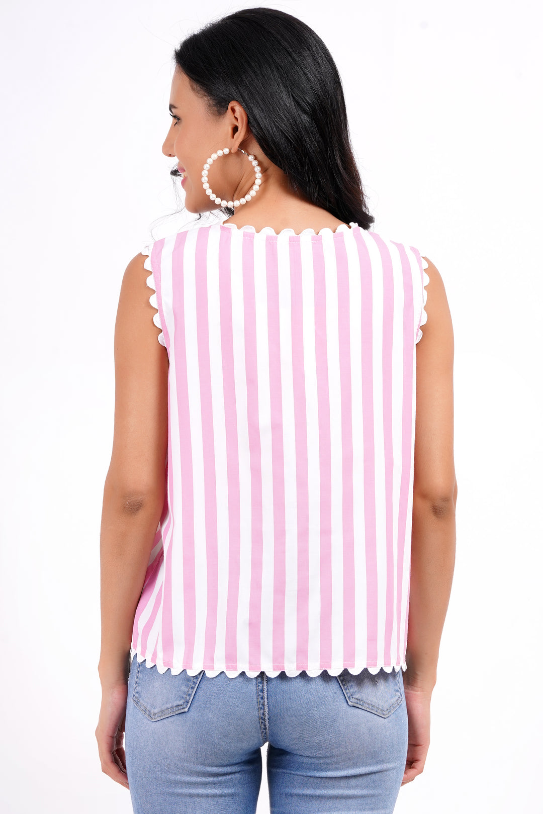 MINGLAY Women Pink Polycotton Stripe Sleeveless V Neck A-Line Blouse