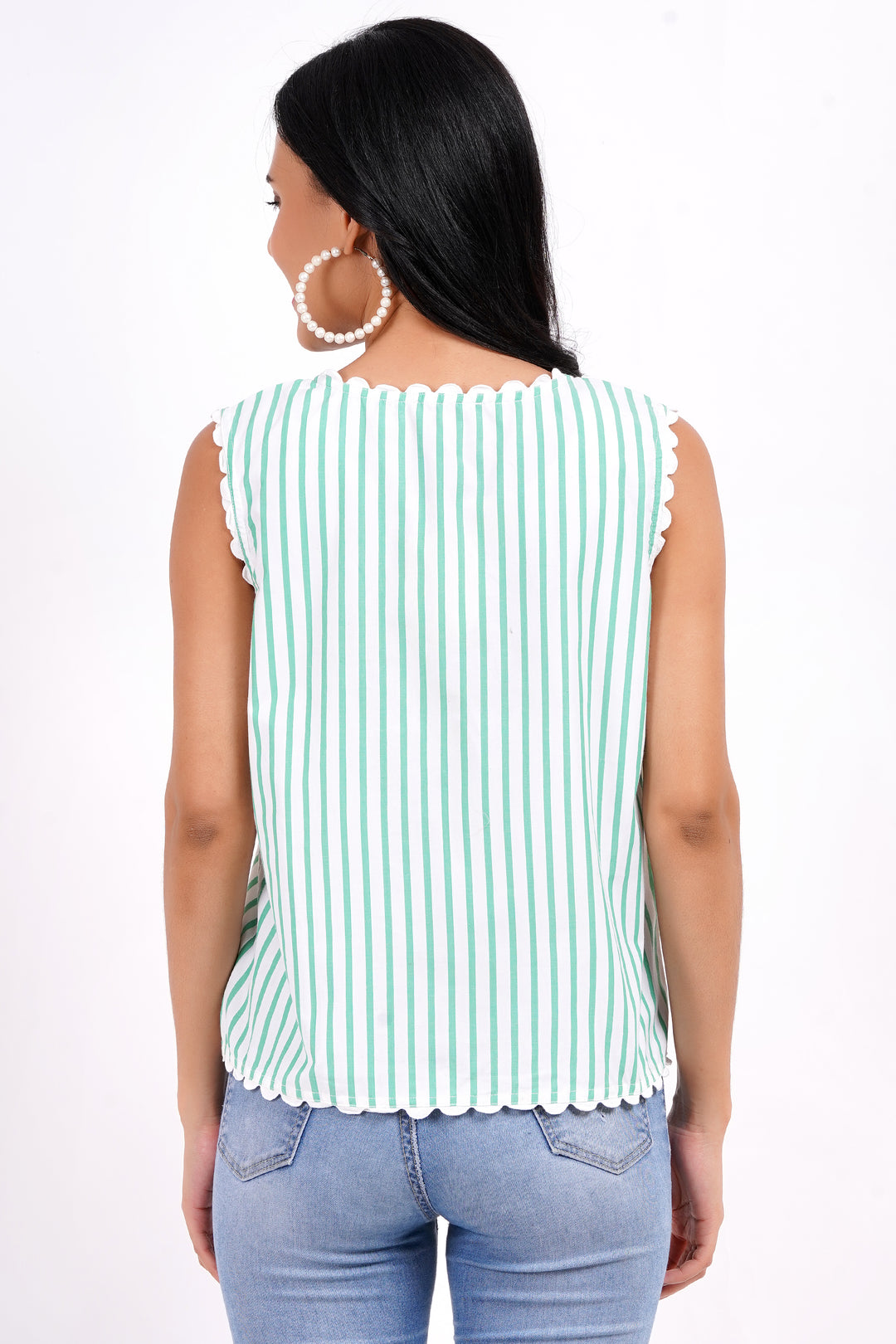 MINGLAY Women Green Polycotton Stripe Sleeveless V Neck A-Line Blouse