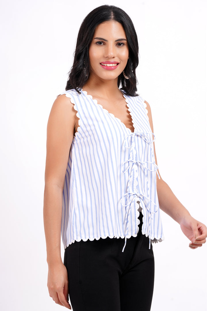 MINGLAY Women Blue Polycotton Stripe Sleeveless V Neck A-Line Blouse