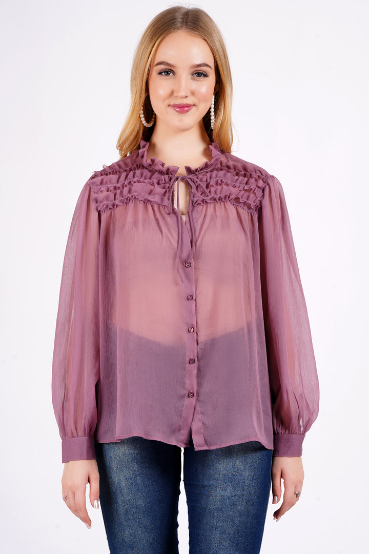 MINGLAY Women Purple Polyester Solid Plain Full Sleeve Round Neck A-Line Blouse