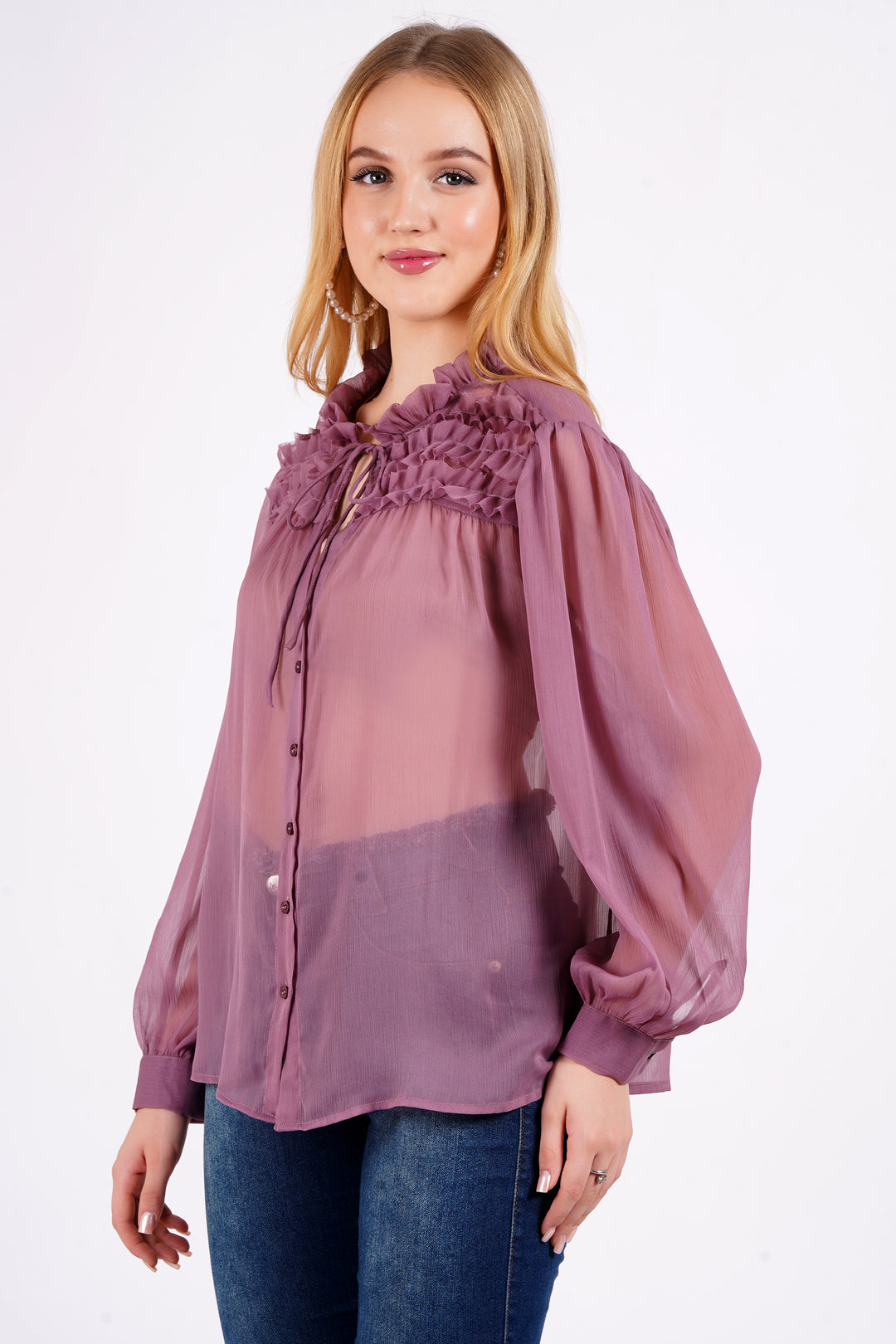 MINGLAY Women Purple Polyester Solid Plain Full Sleeve Round Neck A-Line Blouse