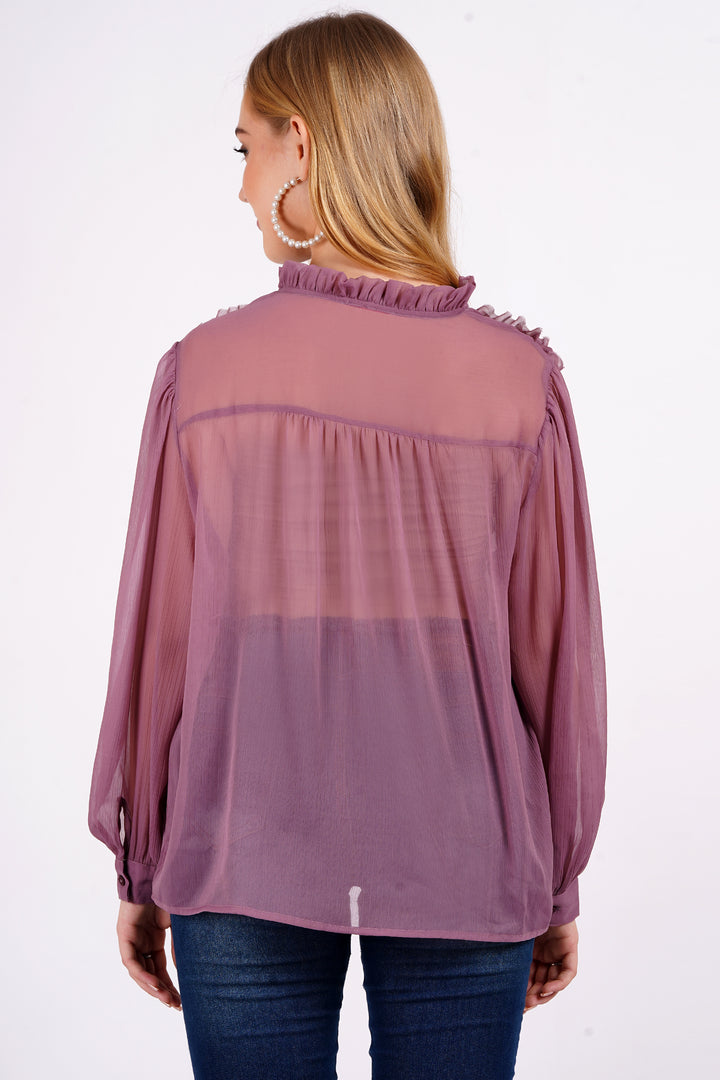 MINGLAY Women Purple Polyester Solid Plain Full Sleeve Round Neck A-Line Blouse