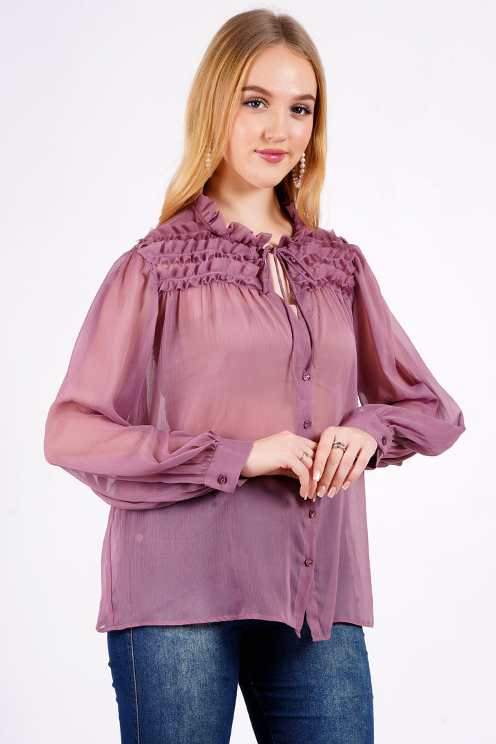 MINGLAY Women Purple Polyester Solid Plain Full Sleeve Round Neck A-Line Blouse