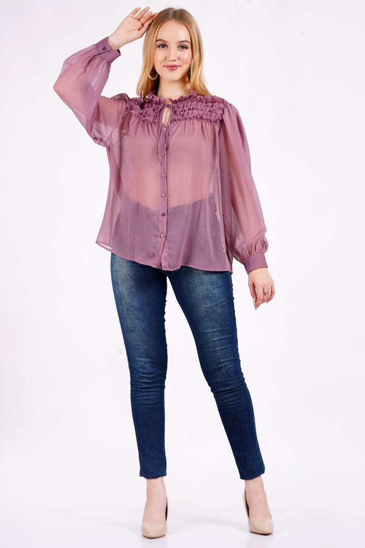 MINGLAY Women Purple Polyester Solid Plain Full Sleeve Round Neck A-Line Blouse