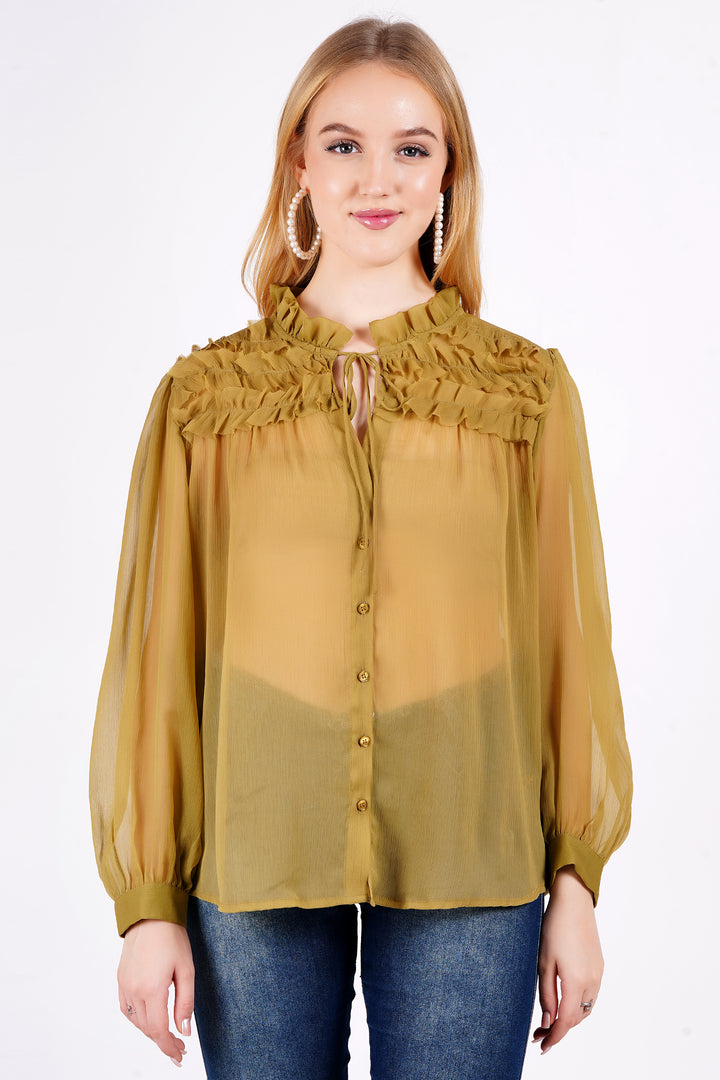 MINGLAY Women Olive Polyester Solid Plain Full Sleeve Round Neck A-Line Blouse