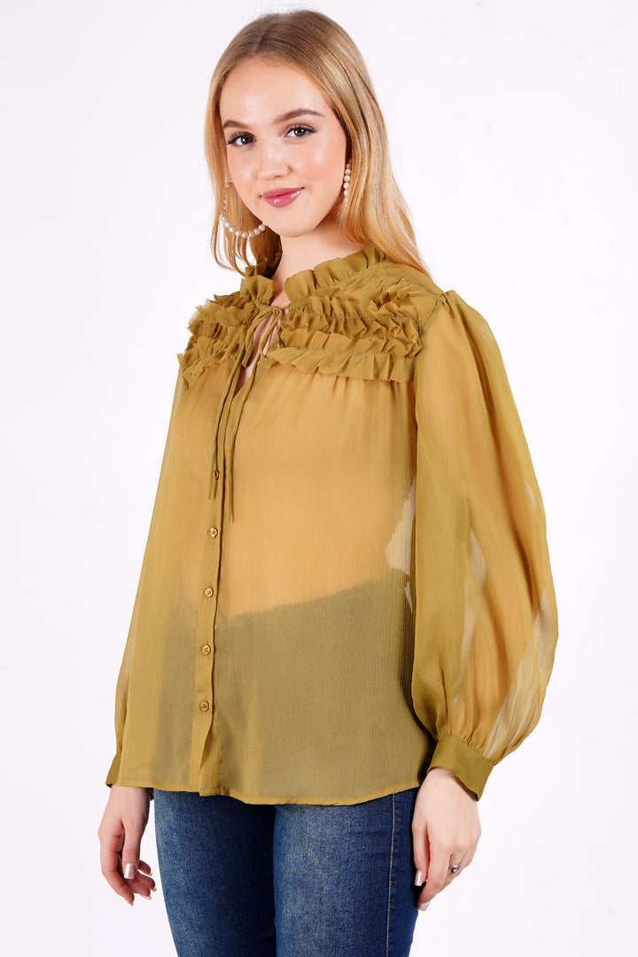 MINGLAY Women Olive Polyester Solid Plain Full Sleeve Round Neck A-Line Blouse