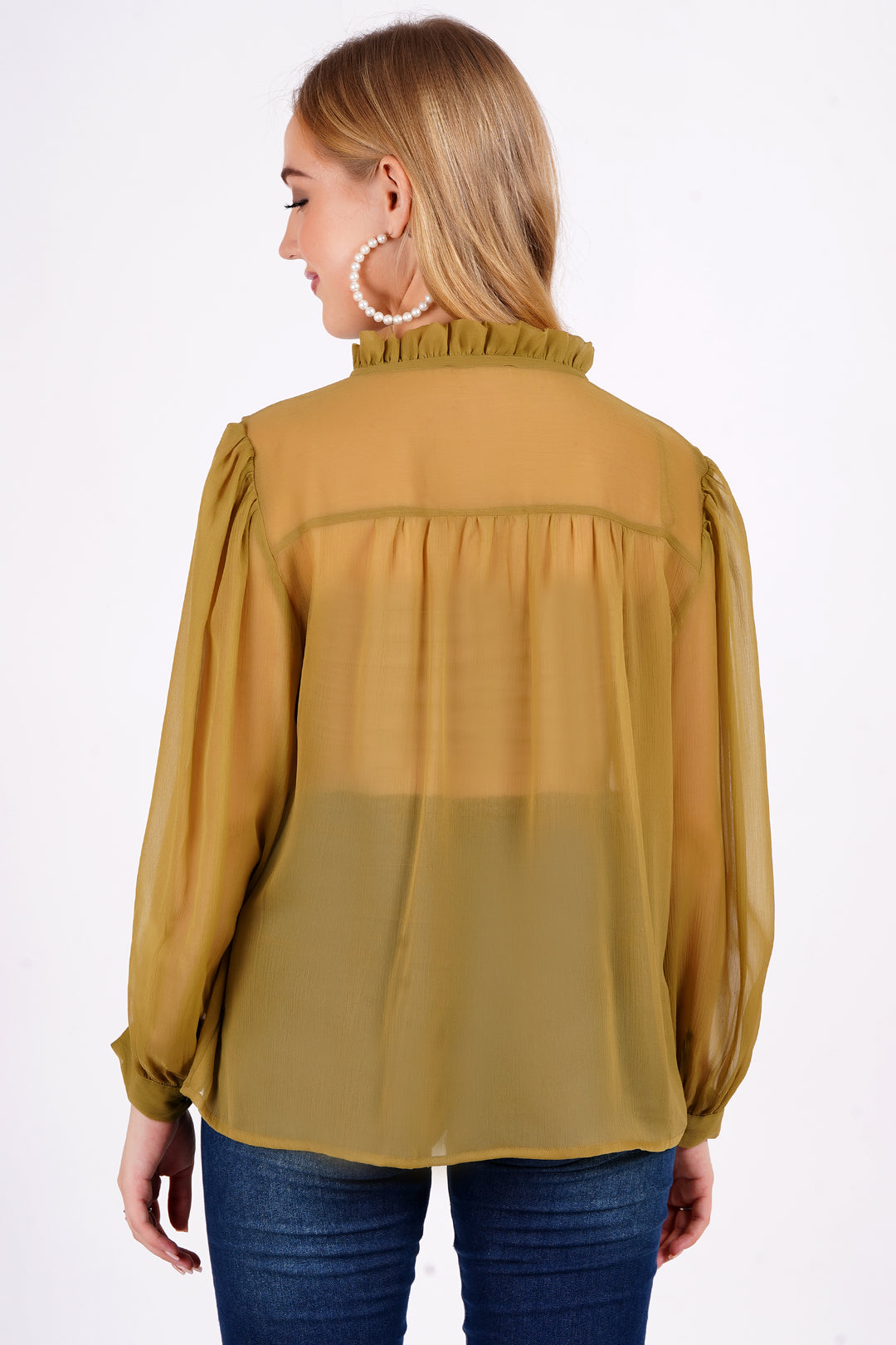 MINGLAY Women Olive Polyester Solid Plain Full Sleeve Round Neck A-Line Blouse