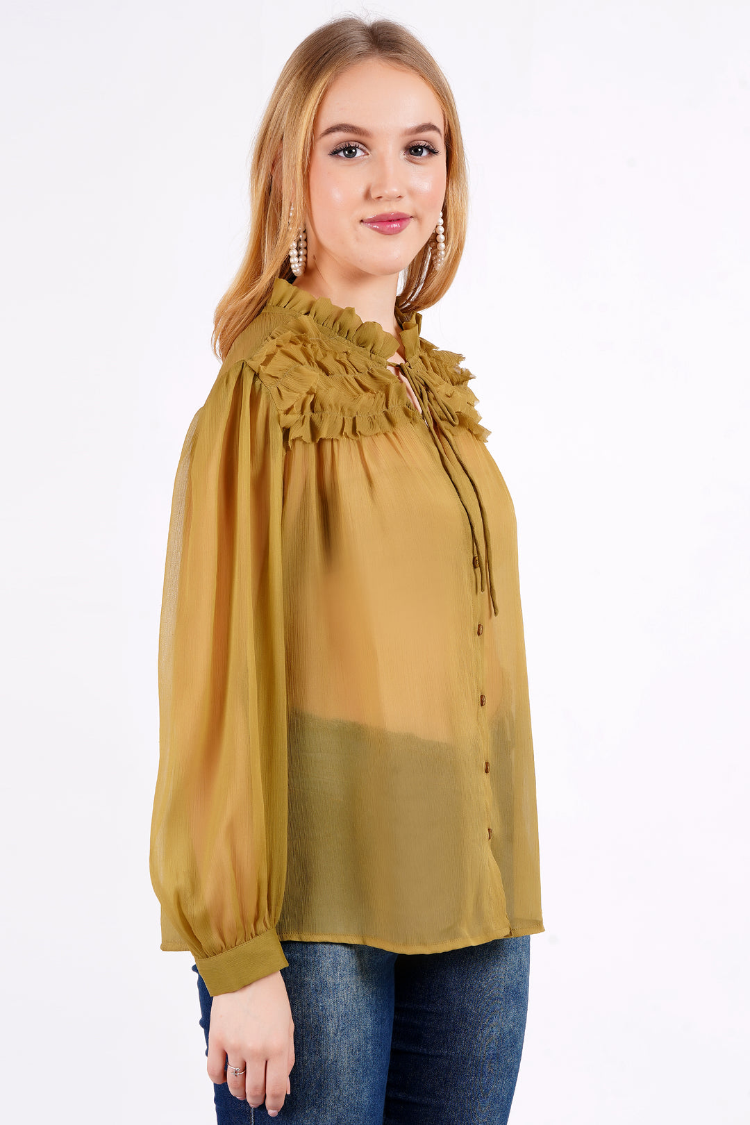 MINGLAY Women Olive Polyester Solid Plain Full Sleeve Round Neck A-Line Blouse