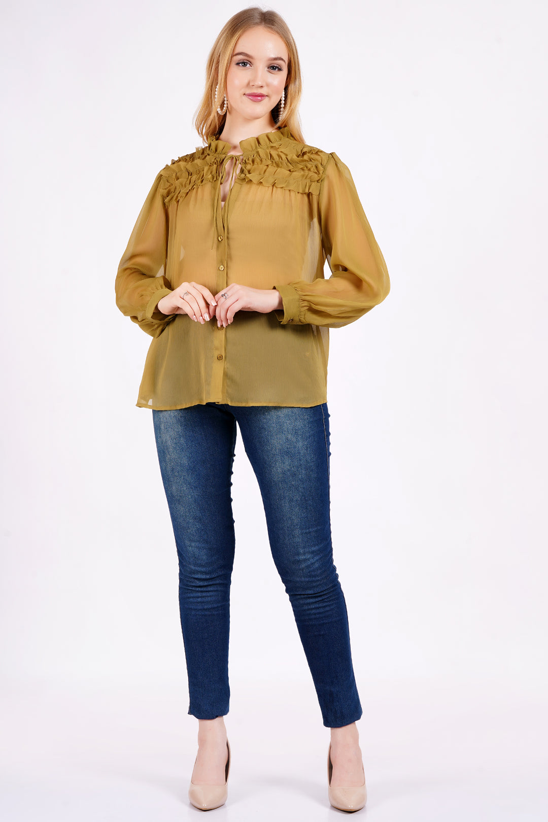 MINGLAY Women Olive Polyester Solid Plain Full Sleeve Round Neck A-Line Blouse