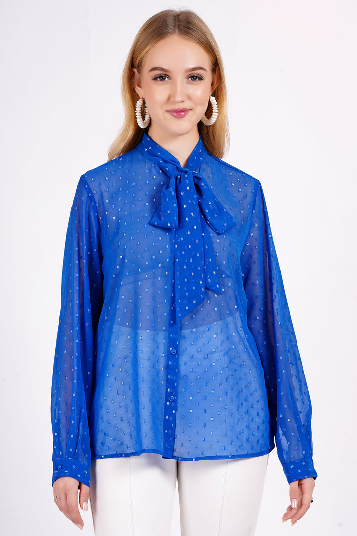 MINGLAY Women Blue Polyester Lurex Buti Full Sleeve Knote Collar  A-Line Blouse