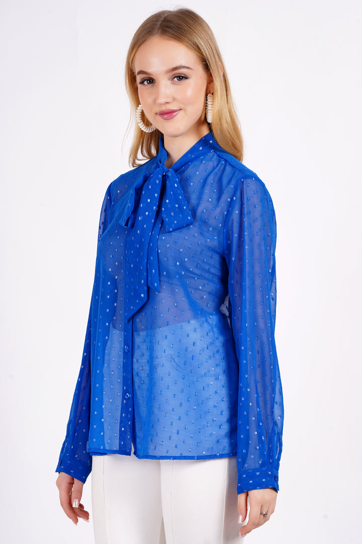 MINGLAY Women Blue Polyester Lurex Buti Full Sleeve Knote Collar  A-Line Blouse