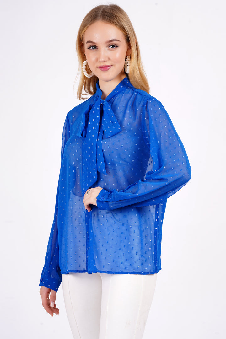 MINGLAY Women Blue Polyester Lurex Buti Full Sleeve Knote Collar  A-Line Blouse