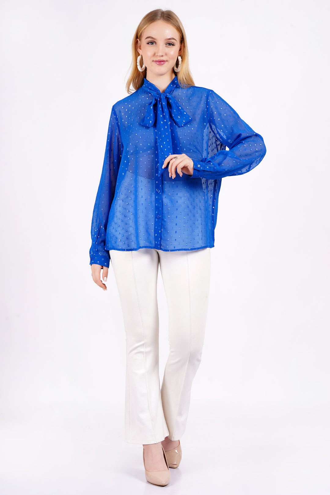 MINGLAY Women Blue Polyester Lurex Buti Full Sleeve Knote Collar  A-Line Blouse