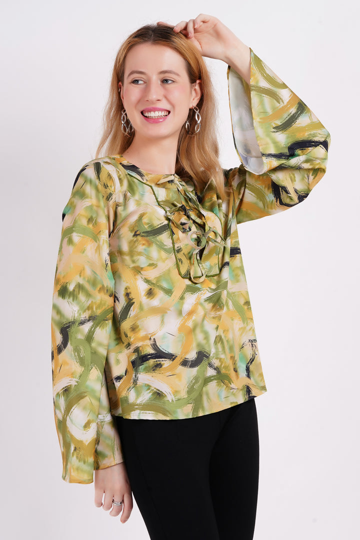 MINGLAY Women Green Polyester Printed Full Sleeve Collered  Blouse