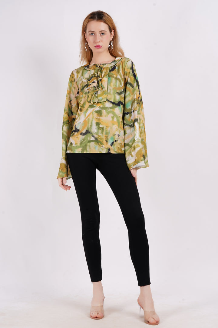 MINGLAY Women Green Polyester Printed Full Sleeve Collered  Blouse