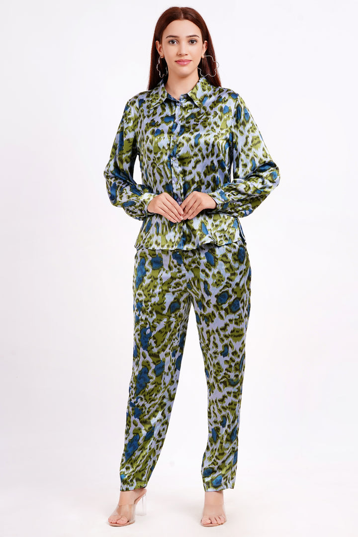 MINGLAY Women Green Polyester Printed Full Sleeve Collered A-line Cord Set