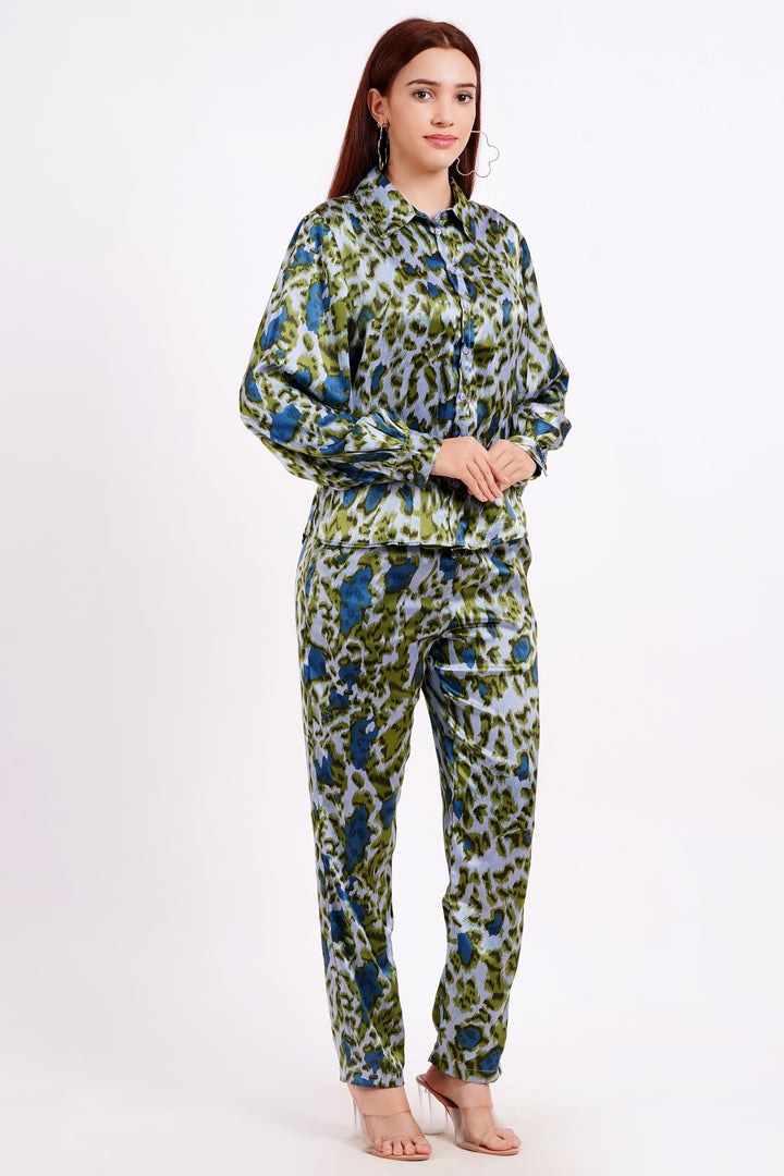 MINGLAY Women Green Polyester Printed Full Sleeve Collered A-line Cord Set