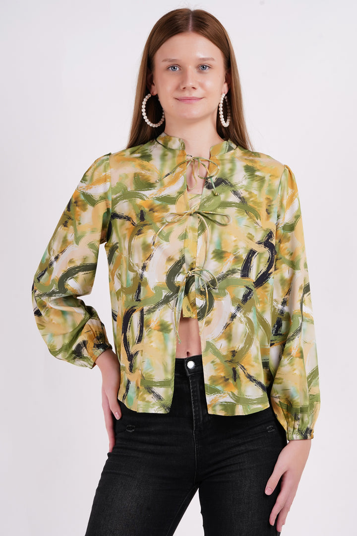 MINGLAY Women Green Polyester Printed Full Sleeve Collared  Blouse