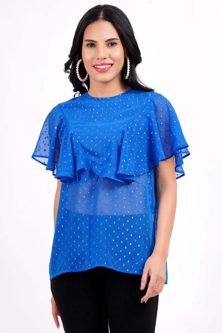 MINGLAY Women Blue Polyester Lurex Bobby Sleeveless Round A-Line Blouse