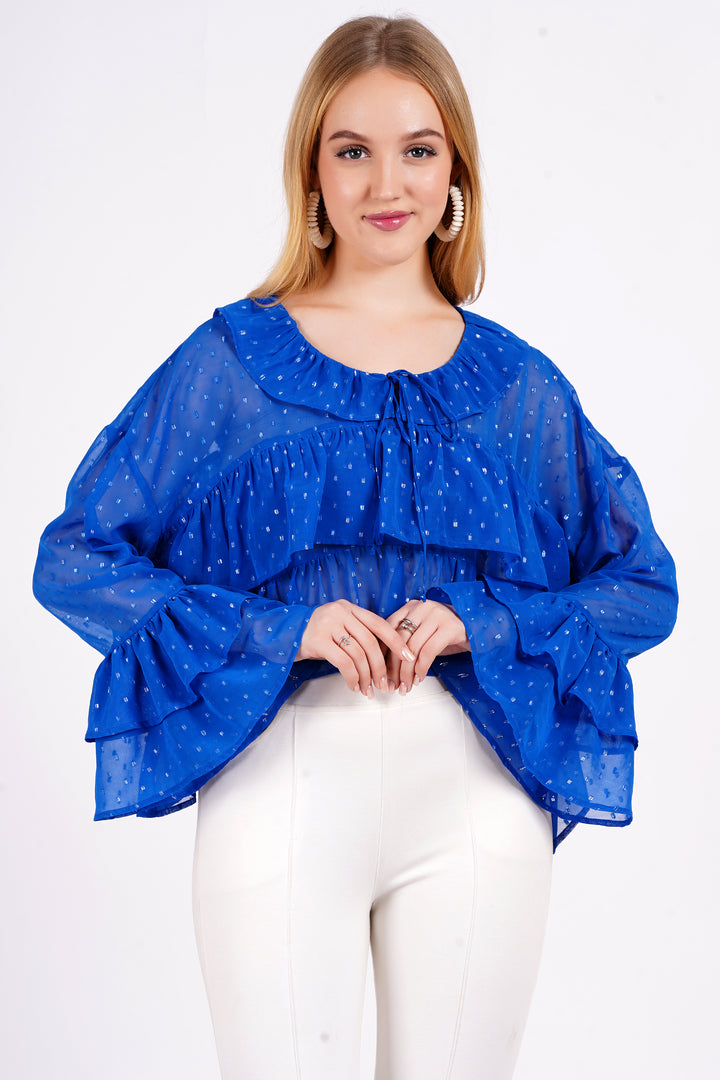 MINGLAY Women Blue Polyester Lurex Buti Full Sleeve Round Neck  Blouse