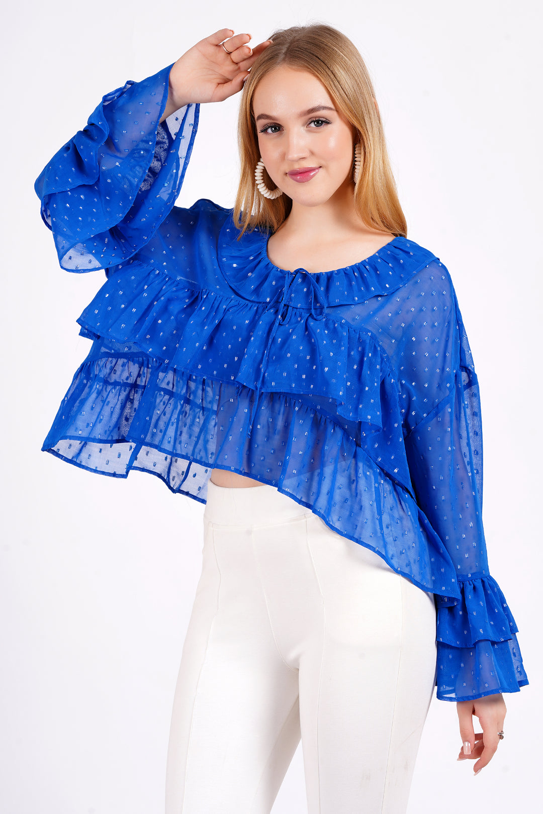 MINGLAY Women Blue Polyester Lurex Buti Full Sleeve Round Neck  Blouse