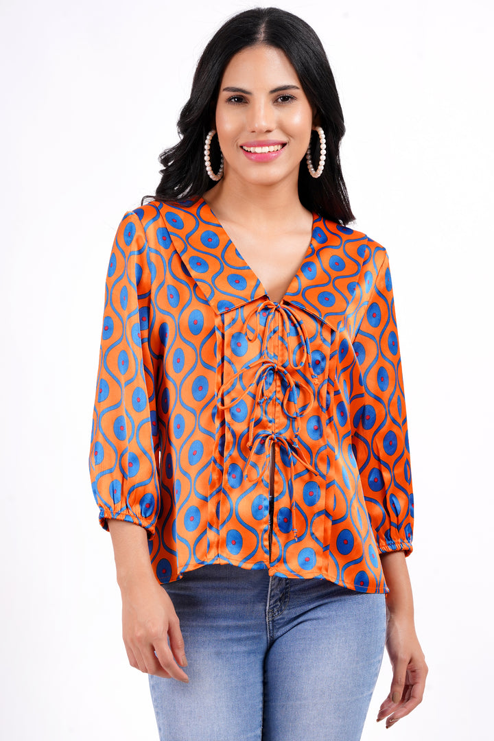 MINGLAY Women Orange Polyester Ikkat Print Full Sleeve  Collared A-Line Blouse