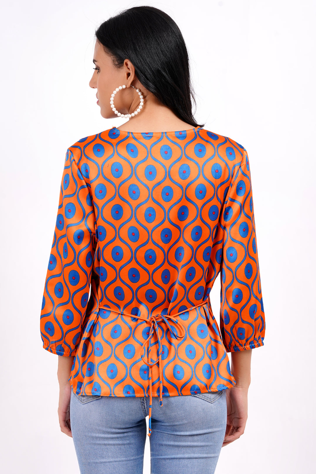 MINGLAY Women Orange Polyester Ikkat Print Full Sleeve  Collared A-Line Blouse