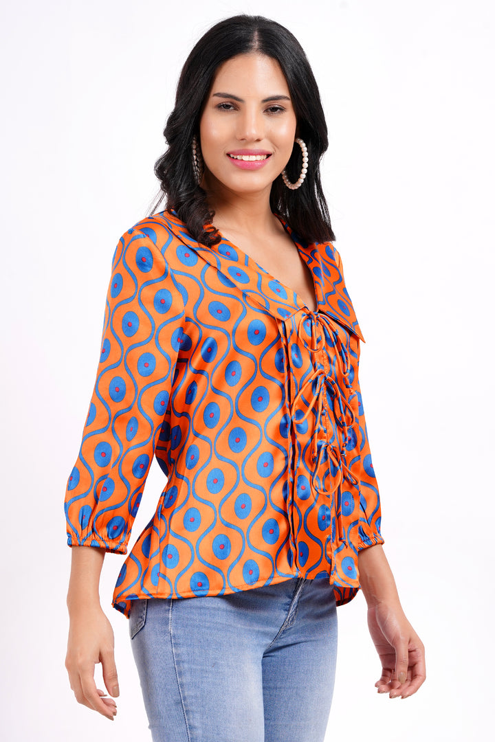 MINGLAY Women Orange Polyester Ikkat Print Full Sleeve  Collared A-Line Blouse