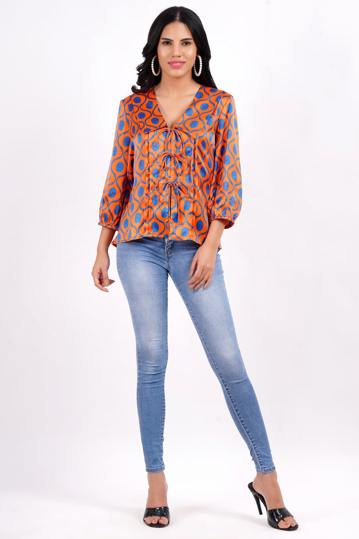 MINGLAY Women Orange Polyester Ikkat Print Full Sleeve  Collared A-Line Blouse