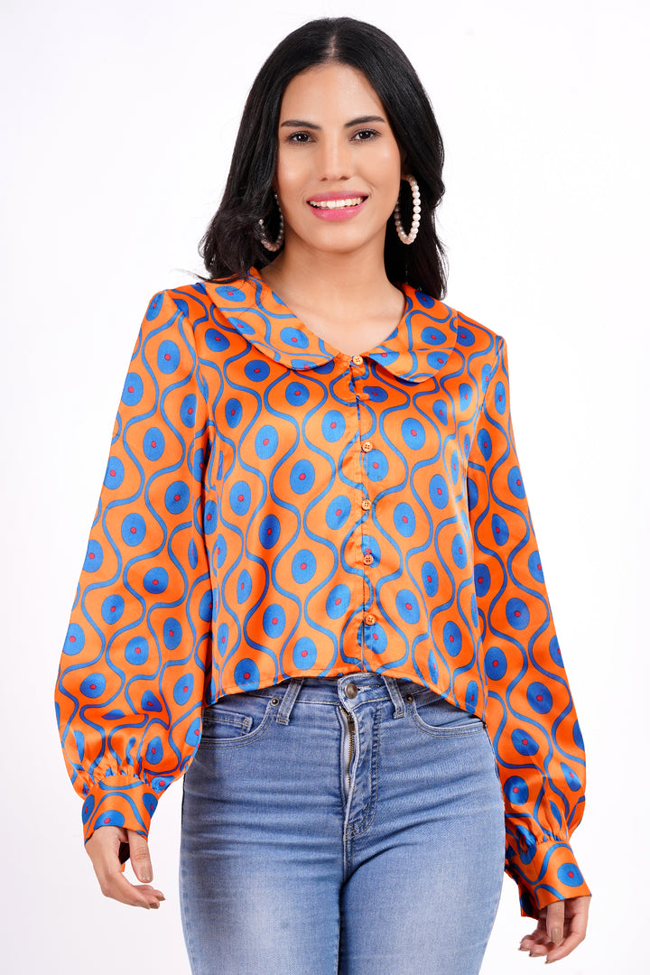 MINGLAY Women Orange Polyester Ikkat Print Full Sleeve  Round A-Line Blouse