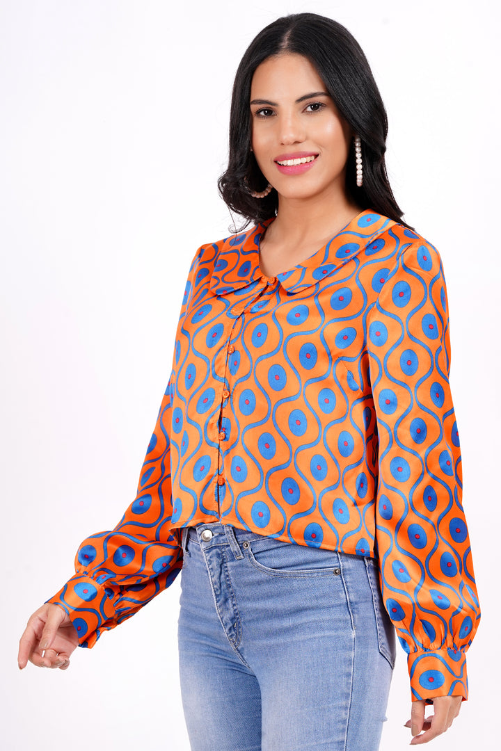 MINGLAY Women Orange Polyester Ikkat Print Full Sleeve  Round A-Line Blouse