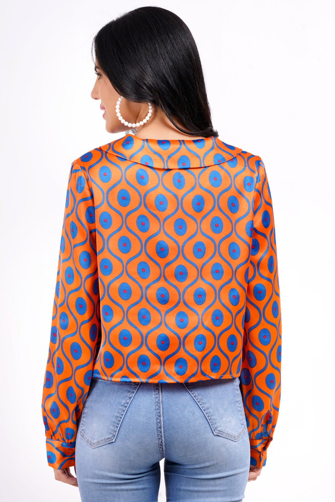 MINGLAY Women Orange Polyester Ikkat Print Full Sleeve  Round A-Line Blouse