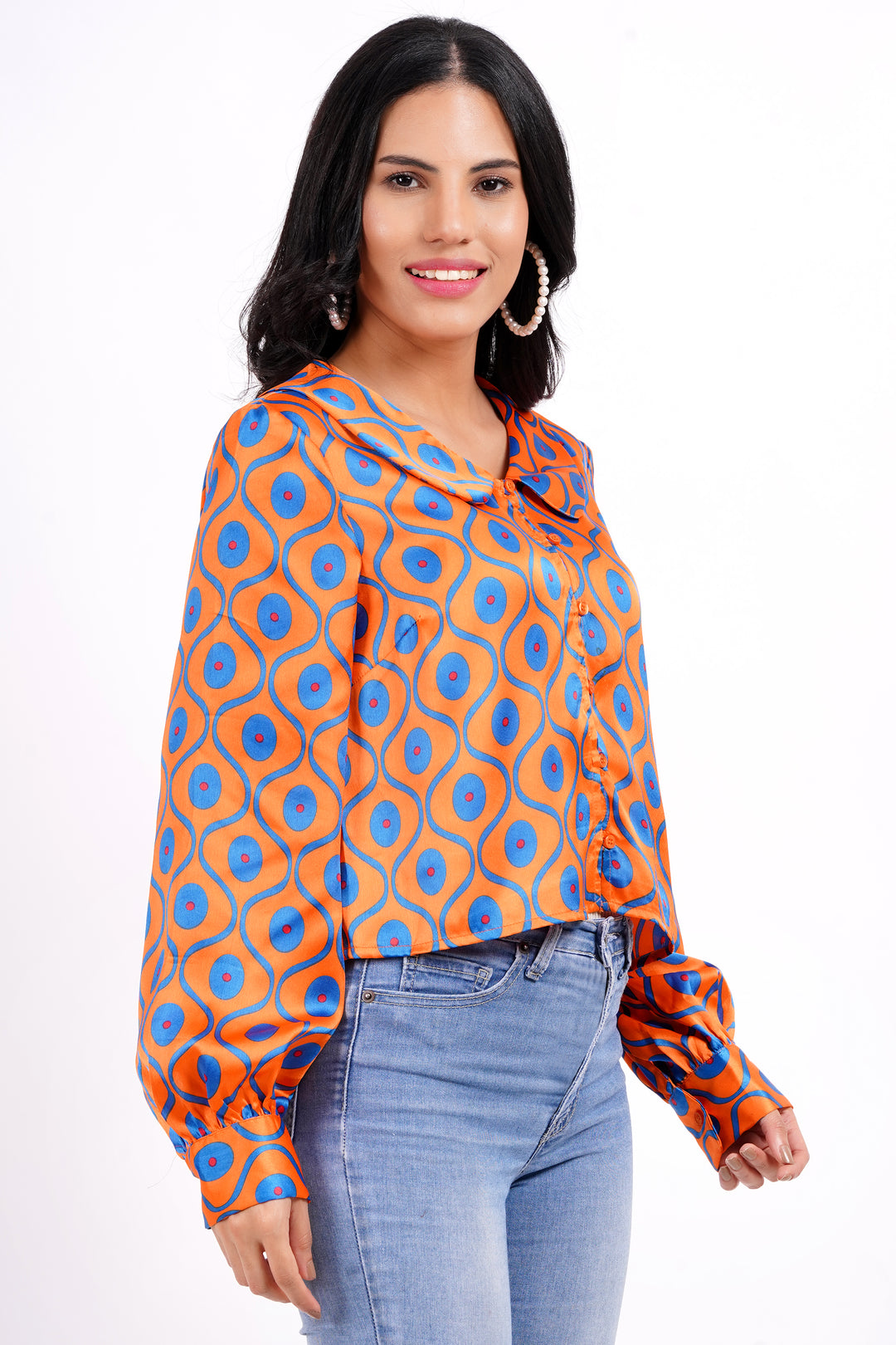 MINGLAY Women Orange Polyester Ikkat Print Full Sleeve  Round A-Line Blouse