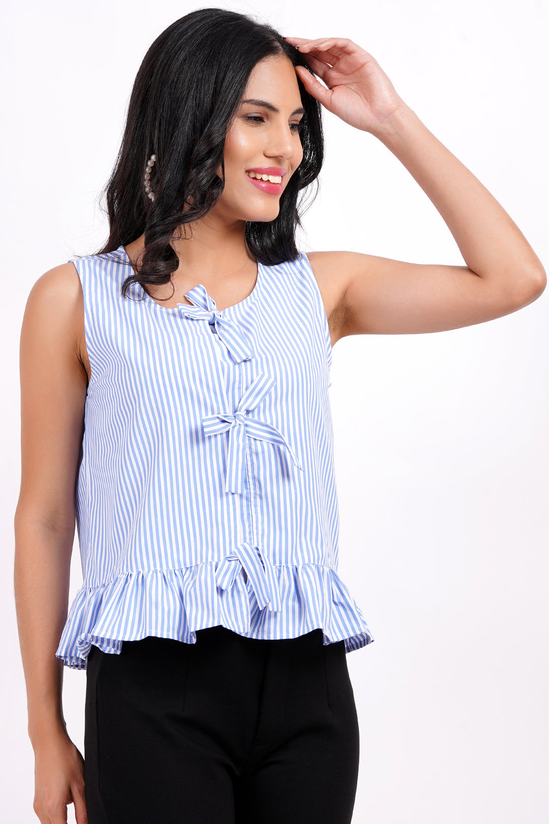 MINGLAY Women Blue Polycotton Stripe Sleeveless Round A-Line Blouse