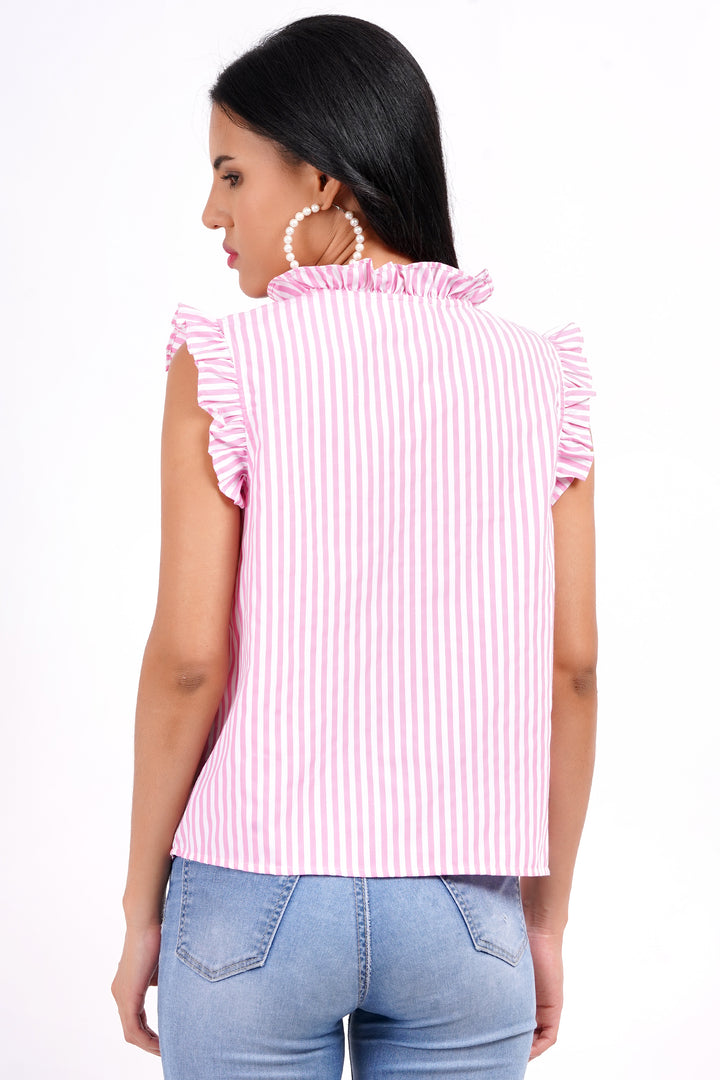 MINGLAY Women Pink Polycotton Stripe Sleeveless Round A-Line Blouse